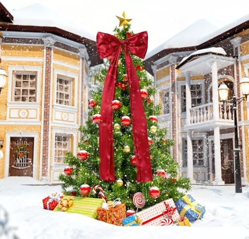 Daifunli 20 x 47 Inches Giant Satin Bow Christmas Tree Topper,Wine Red - Image 5