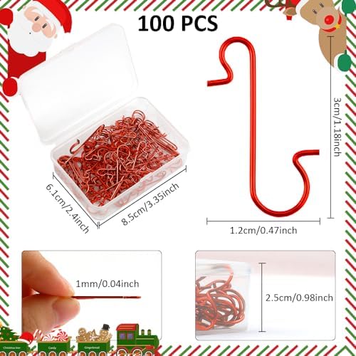 100 Pack Ornament Hooks, Christmas Ornament Hooks for Christmas Ornaments Metal Wire Hooks Ornament Hangers with Storage Box for Xmas Tree Outdoor Decorations, Red - Image 3