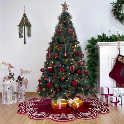 60-Inch Beaded Scalloped Christmas Tree Skirt in Foam-Lined Satin, Button-Loop Closures, Cranberry - Image 2