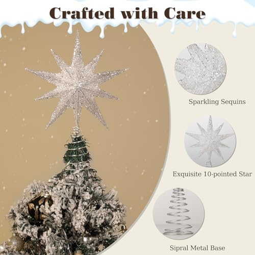 Lewondr Christmas Tree Topper Star, 13inch 10-Point Light Up Xmas Star Treetop with Plug and Remote Control for Home Christmas Decoration, 6H Timer & 8 Lighting Modes, Warm Light, Silver - Image 5
