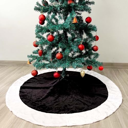 Black Christmas Tree Skirt Faux Fur Christmas Tree Skirt Black and White 48 Inch Neutral Soft Plush Xmas Trees Skirts Mat for Xmas Party Decorations New Year Holiday Home Ornaments - Image 2