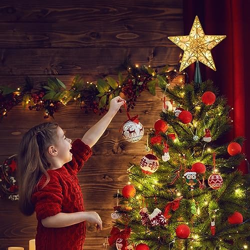 Christmas Star Tree Topper, 9.5 in Plug in Golden Glittered 3D Star Tree Topper, Metal Hollow Designed Built-in 10 Bulbs String Lights for Indoor Office Christmas New Year Holiday Tree Decoration - Image 2