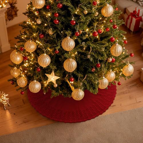 NIBESSER Red Knit Christmas Tree Skirt 48" for Christmas Decorations - Yarn Thick Rustic Cable Knit Tree Skirt Mat for Home Party Holiday Ornaments - Image 2