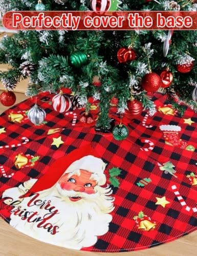 Multiwins 48 Inch Christmas Tree Skirt Red Santa Claus with Candy Cane Christmas Stockings, Black Red Buffalo Plaid Christmas Tree Skirt Ornaments for Merry Christmas Holiday Party Decorations Indoor - Image 3