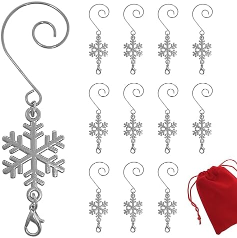 Snowflake Christmas Ornament Hooks Set of 12, Shiny Silver Christmas Tree Hangers with S-Hook and Lobster Claw, 3.5 Inch Metal Snowflake Accessories for Xmas Tree Decor, Crafts, Holiday Displays by BANBERRYDESIGNS