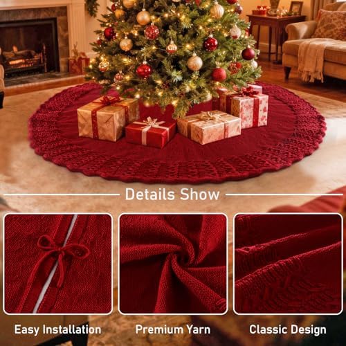 Christmas Tree Skirt 48 Inch Knitted Xmas Tree Skirt Cable Knit Tree Skirt Christmas Tree Decorations for Farmhouse Xmas Holiday Home Party(Red, 48in) - Image 3