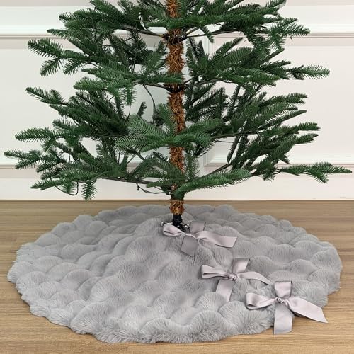 36-Inch Puff Quilt Faux Fur Christmas Tree Skirt, Soft Plush Tufted Texture with Satin Ribbon Ties, Cloud Gray by StarryDynamo
