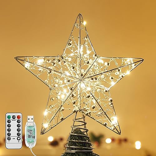 Lewondr Vintage Metal Beaded Christmas Star Tree Topper with Lights, Silver by Lewondr