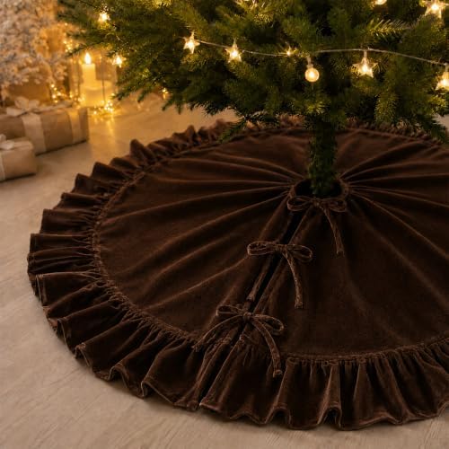 59-Inch Chocolate Brown Ruffled Velvet Christmas Tree Skirt with Bow Ties, Extra Large Vintage Round Pleated Xmas Tree Base Cover for Christmas Holiday Home and Party Decor, 150 cm by AtiMing