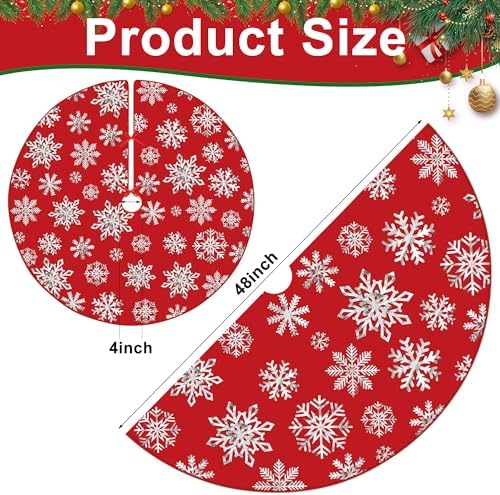 48 Inch Christmas Snowflake Tree Skirt Silver Snowflake Red Christmas Tree Skirt Large Red Round Xmas Trees Mat with Silver Snowflakes for Winter Holiday New Year Party Xmas Trees Home Decor - Image 2