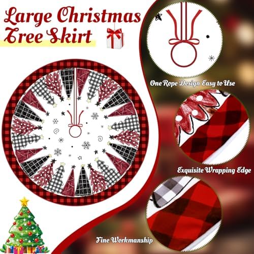 Blosssound Christmas Tree Skirt Buffalo Plaid,48 Inch,Grid,Red Black - Image 4
