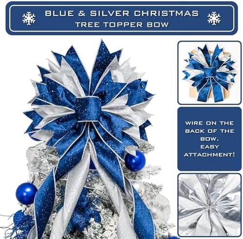 Hismir Large Christmas Tree Topper Bow，Blue & Silver 53x13 Inches - Image 2