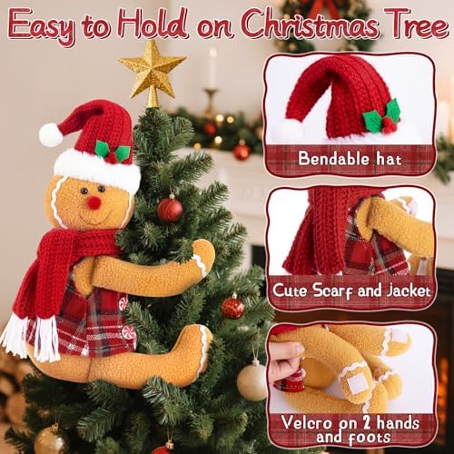 Gingerbread Tree Topper, Cute Plush Stuffed Gingerbread Hugger Decor GingerbreadS Christmas Decorations for Christmas Tree Curtain Wine Bottle Holiday Home Decor - Image 2