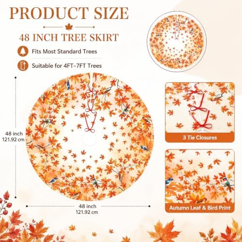 Fall Maple Leaves Christmas Tree Skirt 48 Inch Autumn Tree Skirt Xmas Tree Mat Decorations for Home Holiday Party Indoor Outdoor Decor - Image 2