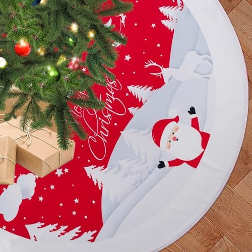 Multiwins Christmas Tree Skirt 48 inches, Red Tree Skirt Ornaments Soft Plush Christmas Tree Mat with Cute Santa Claus White Reindeer Christmas Tree Skirts for Holiday Party Indoor Outdoor - Image 2