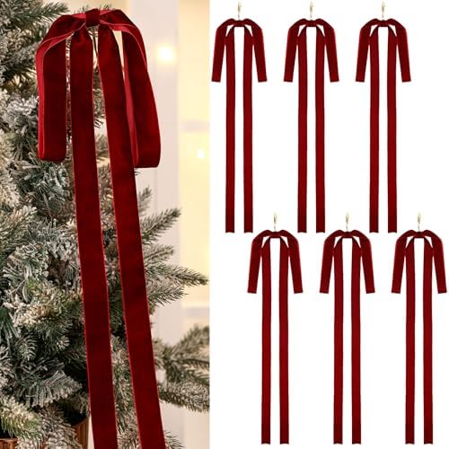 Janinka 6pcs Long Burgundy Christmas Velvet Bow Ornament Vintage Tree Decor by Janinka