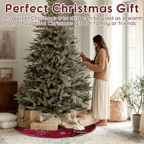 Burgundy Velvet Tree Skirt 48 Inch, Gold Snowflake Rhinestone - Image 6