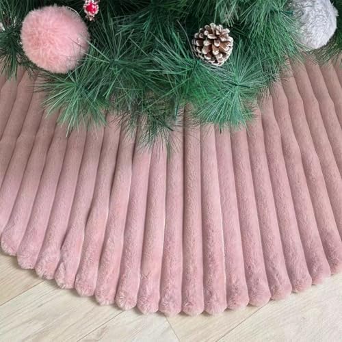 Christmas Tree Skirt Pink Plush 30 inch Faux Fur Xmas Tree Skirt Soft Plush Stripe Textured Pattern for Holiday Party Christmas Tree Decorations - Image 3