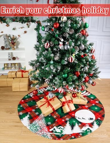 Multiwins Christmas Tree Skirt, 48 Inch Red and Green Buffalo Plaid Tree Skirt with Snowflake and Reindeer Design, Large Xmas Tree Skirt for Holiday Party Christmas Tree Decorations - Image 2