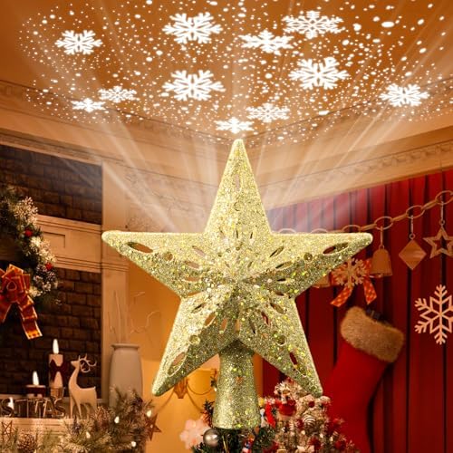 Christmas Tree Topper Lighted Star,3D Hollow Sparkling Star Christmas Tree Topper with 6 Patterns Rotating Magic Cool White Snowflake Projector, Plug in Gold Tree Topper for Tree Ornament by YCIND