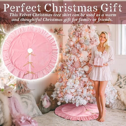 Velvet Christmas Tree Skirt, 48 Inches, Bow Style, Pink - Image 4