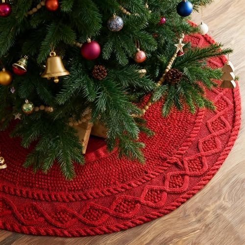 24 Inch Red Christmas Tree Skirt, Knitted Tree Skirt for 3-4Ft Pencil Tree, Vintage Thick Small Tree Skirt for Christmas Trees Decoration, Xmas Home Indoor Farmhouse Decorations by ROISKJANPA