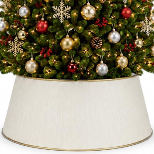 White Tree Collar, Holiday Tree Skirt Alternative, Christmas Decorations for Tree, Metal Christmas Tree Skirt, Xmas Tree Collar, Premium White & Gold Finish by InSideOut