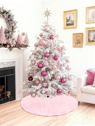 Christmas Tree Skirt 36 inch Faux Fur Pink Tree Skirt Xmas Decorations - Image 2