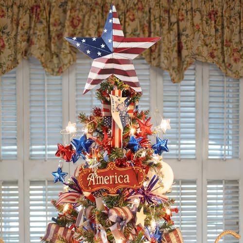 Halloscume Rustic Patriotic Tree Topper 7.8 in Metal Star Tree Topper Red Blue White Trees Ornament for 250th Anniversary Veteran's Day Indoor Outdoor Home Decor Holiday Party Supplies - Image 2