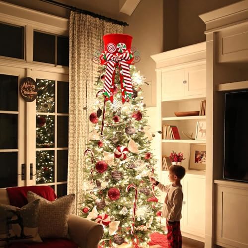 CiyvoLyeen Candy Canes Christmas Tree Topper Red Hat Bow Xmas Decoration - Image 5