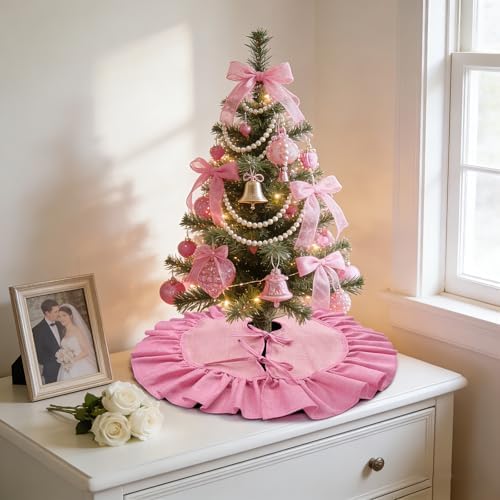 Mini Pink Burlap Christmas Tree Skirt, 24'' Fall Tree Decorations - Image 3