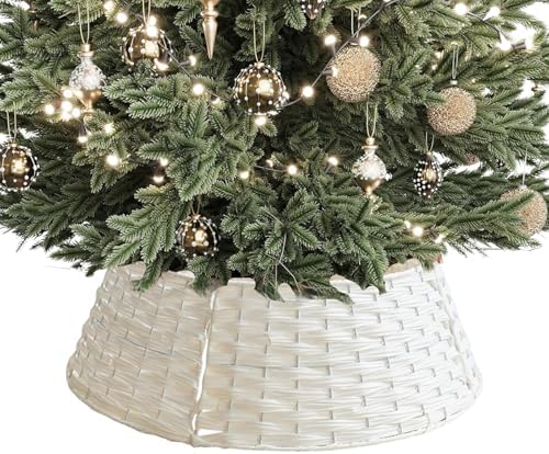 belupai Wicker Christmas Tree Skirts Collar Rings, Artificial Rattan Christmas Tree Skirt Stand Farmhouse Xmas Tree Collar for Artificial Christmas Trees Decoration(White,S) by BELUPAI