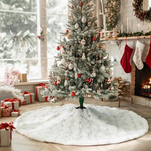 CHICHIC 60 Inch Large Christmas Tree Skirt White Tree Skirt Xmas Faux Fur Tree Skirts Christmas Decorations for Holiday Tree Ornaments Christmas Party Home Decorations with Sequin Gold Snowflakes - Image 3