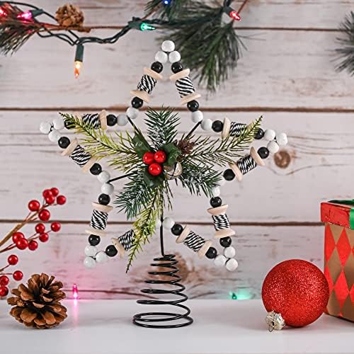 Rattan Star Christmas Tree Topper - Wooden Bead Holly Mistletoe Decor 11.5" - Image 4