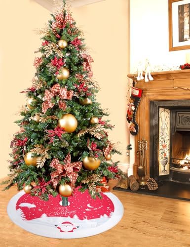 Multiwins Christmas Tree Skirt 48 inches, Red Tree Skirt Ornaments Soft Plush Christmas Tree Mat with Cute Santa Claus White Reindeer Christmas Tree Skirts for Holiday Party Indoor Outdoor - Image 4