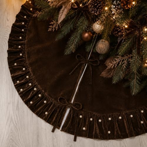 Christmas Tree Skirt, Dark Brown Velvet with Ruffled Pearl Trim, 60 Inch by Amidaky