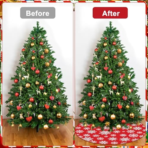48 Inch Christmas Snowflake Tree Skirt Silver Snowflake Red Christmas Tree Skirt Large Red Round Xmas Trees Mat with Silver Snowflakes for Winter Holiday New Year Party Xmas Trees Home Decor - Image 4