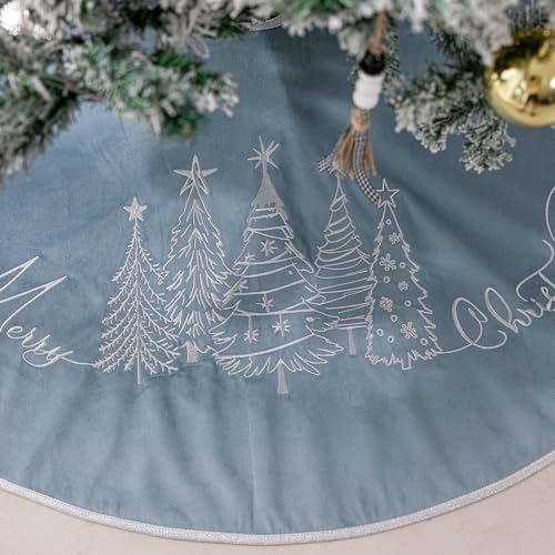 CROWNED BEAUTY 48 Inch Blue Velvet Christmas Tree Skirt, Tree Embroidery by CrownedBeauty