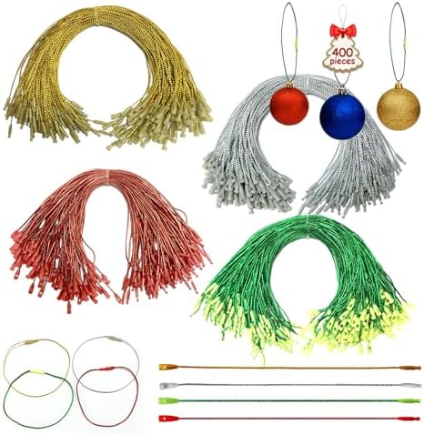 400pcs Gold Silver Red Green Ornament Hanger String,Christmas Ornaments Hook Precut Ropes with Snap Fasteners,Polyester Ornament Wire for Xmas Tree Holiday Party Hanging Decoration by MianBiz