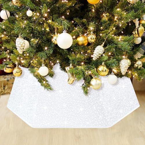White Christmas Tree Collar for 9 ft Tree Foldable 31.49 Inch Sequin Christmas Tree Ring Velvet Tree Skirt Cover for Xmas Pencil Tree Holiday Decor by LJIE-House