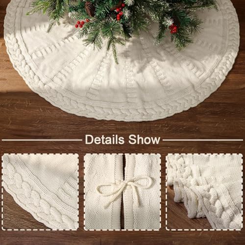 48 Inch Christmas Tree Skirt: Braided Cable Knit Tree Skirt for 7.5FT Tree, Cream White Tree Skirt, Vintage Tree Skirts, Rustic Farmhouse Christmas Decorations - Image 2