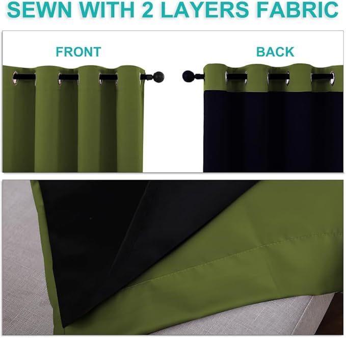 NICETOWN 100% Blackout Short Curtains with Black Liners, 2 Panels, 37" W by 60" L, Olive Green, Solid Thermal Insulated Full Blackout 2-Layer Lined Drapes, Energy Efficiency Window Drapes for Bedroom