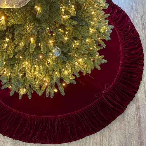 Ruffled Velvet Christmas Tree Skirt with Foam Padding, Nylon Backing and Lace-Up Tie Closure (Burgundy, 72-Inch) by StarryDynamo