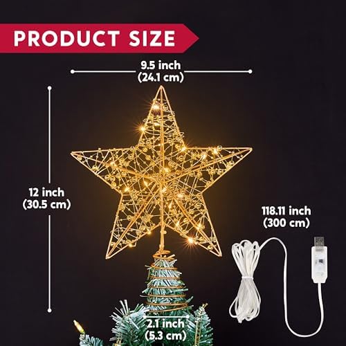 JOIEDOMI 9.5inch Metal Beaded Christmas Star Tree Topper, 20LED Warm White Lights Golden Tree Topper, USB Powered Remote Control for Christmas Tree Decorations Home Holiday Party Indoor Decor - Image 2