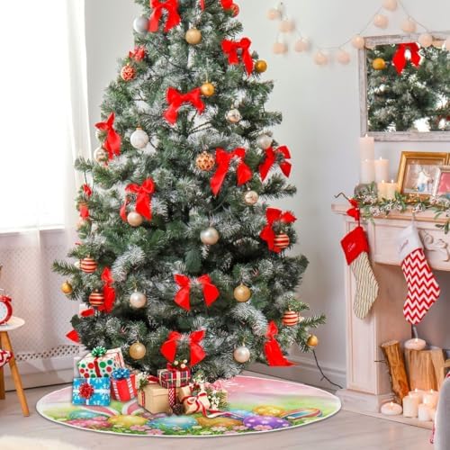SUABO Easter Eggs Grass Butterflies Tree Skirt 48 Inch,Bunny Ears Xmas Tree Floor Door Mat for Party Decoration Holiday Decor Home Indoor Outdoor - Image 4
