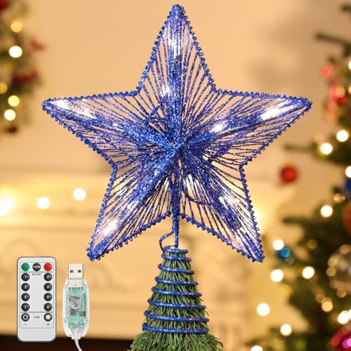 Lewondr Lighted Christmas Star Tree Topper with Remote & Timer, Blue by Lewondr