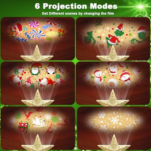 10" Christmas Tree Topper Projector with 6 Projection Modes, Built-in LED Rotating Light, 3D Glitter Dynamic Projector Light Up Tree Topper Star for Xmas Holiday Party Decorations Gifts (Gold) - Image 2