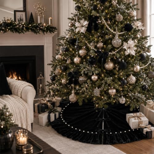 Black Velvet Christmas Tree Skirt 60 Inch – Pearl Beaded Ruffle Trim Xmas Tree Skirt with Bows, Festive Christmas Tree Base Cover for Holiday Party Home Decorations - 150cm - Image 3