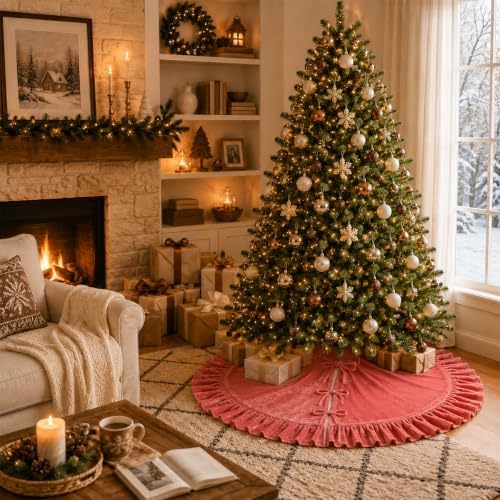 Christmas Tree Skirt,Velvet Tree Skirt with Ruffled Edge, Classic Large Velvet Fur Plush Tree Skirt for Merry Christmas(Rosered,36Inch) - Image 4