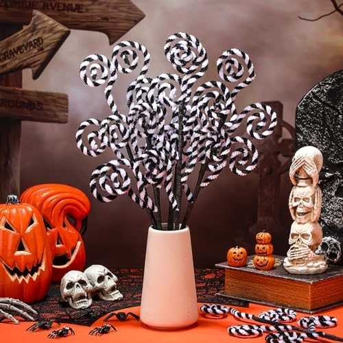 6 Pcs Christmas Tree Picks Decor Halloween Worm 16'' Black White Christmas Ornament Tree Topper Lollipop Stick Candy Cane Plush Decor Woolen Bells Curly Pick Branch for Vase Wreath Home DIY Craft - Image 5